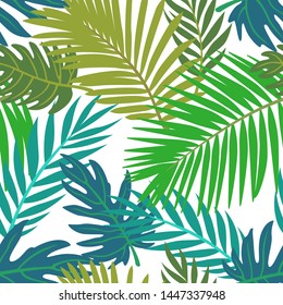 Trendy Summer Tropical Leaves Vector Design. Floral seamless pattern. Doodle vector background with leaves. Colorful tropical illustration.