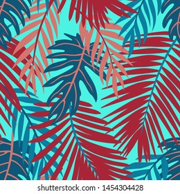 Trendy Summer Tropical Leaves Vector Design. Floral seamless pattern. Doodle vector background with leaves. Colorful tropical illustration.