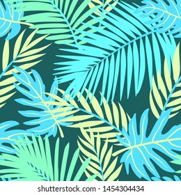 Trendy Summer Tropical Leaves Vector Design. Floral seamless pattern. Doodle vector background with leaves. Colorful tropical illustration.