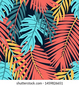 Trendy Summer Tropical Leaves Vector Design. Floral seamless pattern. Doodle vector background with leaves. Colorful tropical illustration.