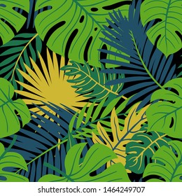 Trendy Summer Tropical Leaves Vector Design. Floral seamless pattern. Doodle vector background with leaves. Colorful tropical illustration.