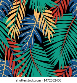 Trendy Summer Tropical Leaves Vector Design. Floral seamless pattern. Doodle vector background with leaves. Colorful tropical illustration.