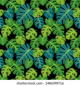Trendy Summer Tropical Leaves Vector Design. Floral seamless pattern. Doodle vector background with leaves. Colorful tropical illustration.