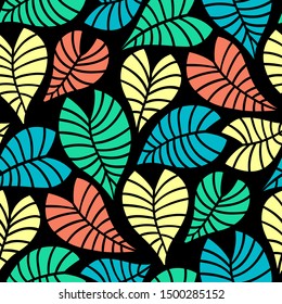Trendy Summer Tropical Leaves Vector Design. Floral seamless pattern. Doodle vector background with leaves. Colorful tropical illustration.
