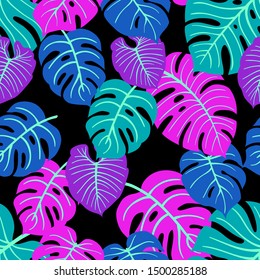 Trendy Summer Tropical Leaves Vector Design. Floral seamless pattern. Doodle vector background with leaves. Colorful tropical illustration.
