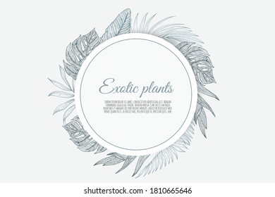 Trendy Summer Tropical Leaves Vector Design. Background with hibiscus, protea, magnolia, palm leaves.