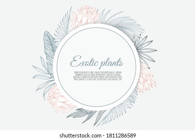 Trendy Summer Tropical Leaves Vector Design. Background with hibiscus, protea, magnolia, palm leaves.