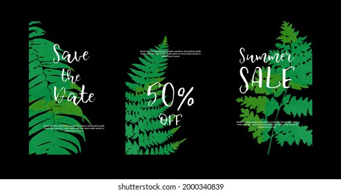 Trendy Summer Tropical Leaves Vector Design. On a black background. A set of templates.