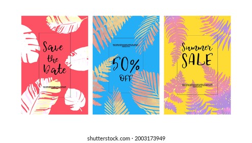 Diseño de vectores de veraneo trópico de moda. En un fondo de color. Un conjunto de plantillas.