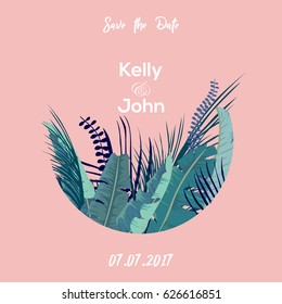 Trendy Summer Tropical Leaves Vector Design. Wedding invintation template. Vector illustration