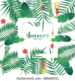 Trendy Summer Tropical Leaves Vector Design with some flowers
