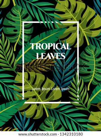 Trendy Summer Tropical Leaves Vector Design. Exotic flovers.  Invitation card.