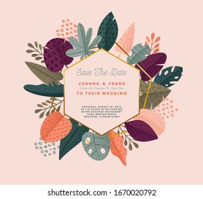 Trendy summer tropical leaves wedding invitation vector design