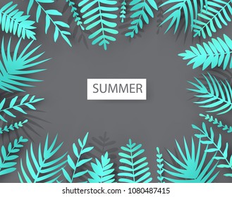 Trendy Summer Tropical palm leaves in paper cut style. Origami Exotic Hawaiian background for banner, flyer, invitation, poster, web site . Space for text. Colorful illustration.