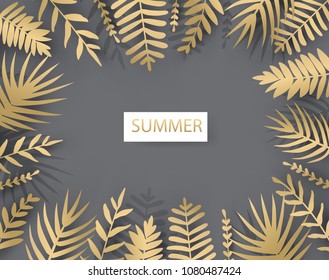 Trendy Summer Tropical palm leaves in paper cut style. Origami Exotic Hawaiian background for banner, flyer, invitation, poster, web site . Space for text. Gold illustration template.