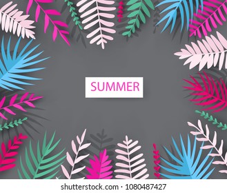 Trendy Summer Tropical palm leaves in paper cut style. Origami Exotic Hawaiian background for banner, flyer, invitation, poster, web site . Space for text. Colorful illustration.