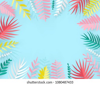 Trendy Summer Tropical palm leaves in paper cut style. Origami Exotic Hawaiian background for banner, flyer, invitation, poster, web site . Space for text. Colorful illustration.