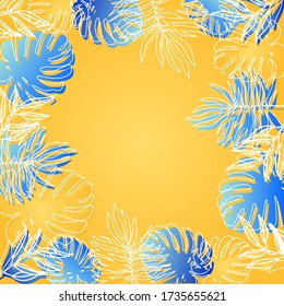 Trendy summer tropical palm leaves, plants. Cartoon style. Hawaiian summer.Space for text.Square frame.Bright jungle floral background. Monstera, palm.Vector illustration isolated on yellow background