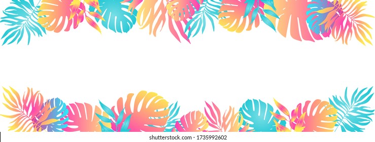 Trendy summer tropical palm leaves, plants. Cartoon style. Hawaiian summer.Space for text.Square frame.Bright jungle floral banner. Monstera, palm.Vector illustration isolated on white background