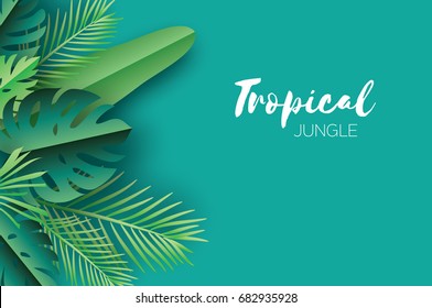 Trendy Summer Tropical palm leaves, plants. Paper cut style. Exotic Hawaiian summertime. Space for text. Beautiful dark green jungle floral background.Monstera, palm. Vector