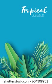 Trendy Summer Tropical palm leaves, plants. Paper cut style. Exotic Hawaiian summertime. Space for text. Square frame. Green jungle floral background. Monstera, palm, banana. Vector