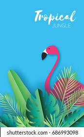 Trendy Summer Tropical palm leaves, plants. Paper cut style. Flamingo. Exotic Hawaiian summertime. Space for text. Green jungle floral background. Monstera, banana, palm. Vector