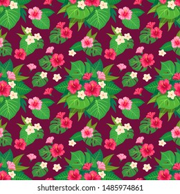 Trendy Summer Tropical Vector Design. Floral seamless pattern. Doodle vector background with flowers and leaves. Colorful tropical illustration.