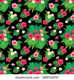 Trendy Summer Tropical Vector Design. Floral seamless pattern. Doodle vector background with flowers and leaves. Colorful tropical illustration.