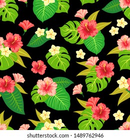 Trendy Summer Tropical Vector Design. Floral seamless pattern. Doodle vector background with flowers and leaves. Colorful tropical illustration.