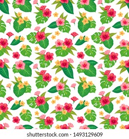 Trendy Summer Tropical Vector Design. Floral seamless pattern. Doodle vector background with flowers and leaves. Colorful tropical illustration.