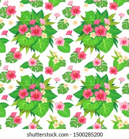 Trendy Summer Tropical Vector Design. Floral seamless pattern. Doodle vector background with flowers and leaves. Colorful tropical illustration.