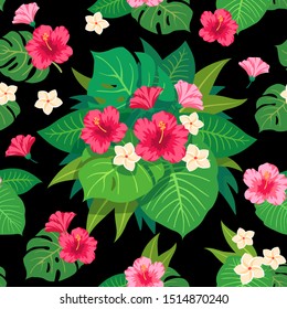 Trendy Summer Tropical Vector Design. Floral seamless pattern. Doodle vector background with flowers and leaves. Colorful tropical illustration.