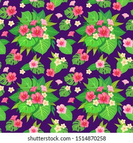 Trendy Summer Tropical Vector Design. Floral seamless pattern. Doodle vector background with flowers and leaves. Colorful tropical illustration.