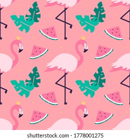 Vector tropical de verano moderno de fondo de patrón sin costuras con flamingo rosa, sandía, hojas tropicales.