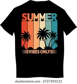 Trendy summer t-shirt design featuring a tropical sunset with palm tree silhouettes and bold “Summer Vibes Only” typography. Perfect for apparel prints, fashion branding, beachwear, vacation outfits, streetwear collections, and summer merchandise. Ideal for print on demand products, posters, and digital marketing visuals. High-quality graphic design suitable for modern lifestyle and seasonal promotions.