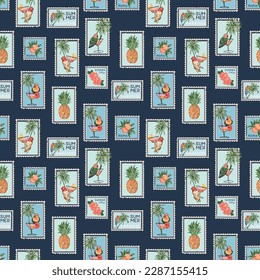 Trendy Summer Vacation Seamless pattern. Travel in Summer Vibes , Stamp , Bird ,Hibiscus flower, banana,beach and ocean vector hand drawn style ,Design for fashion , fabric, textile, and all prints 