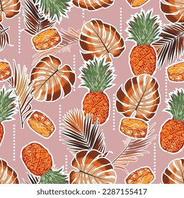 Trendy Summer Vacation Seamless pattern. Summer fruit, Pineapple , Palm Leaves , Monstera leaf vector hand drawn style ,Design for fashion , fabric, textile, and all prints 