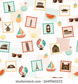 Trendy Summer Vacation Seamless pattern. Travel in Summer Vibes , Stamp  watermelon, beach and ocean vector hand drawn style ,Design for fashion , fabric, textile, and all prints, glove