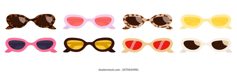 Trendy Summer Vintage sunglasses small oval forms collection in Y2K aesthetics. Pairs eyewear icon set in Groovy retro 90s style. Tortoise Shell Black Brown Pink White. Vector