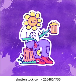 El personaje moderno de girasol se refresca con un vaso de cerveza, ilustración para camisetas, pegatinas o prendas de vestir. Con estilo pop moderno y retro.