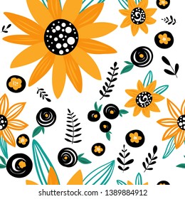 Trendy sunflowers and leaves seamless pattern for your design. Sketch for wrapping paper, floral textile, background fill, fabric. 