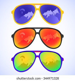 Trendy sunglasses with colorful lens and frame reflect mountain and skydiver parachute. vector illustration