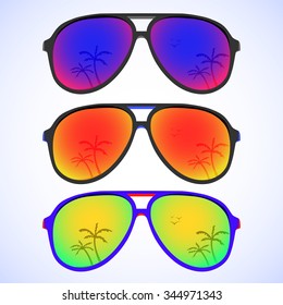 Trendy sunglasses with colorful lens and frame reflect summer palms. vector illustration