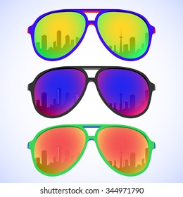 Trendy sunglasses with colorful lens and frame reflect city sky view in summer.vector illustration