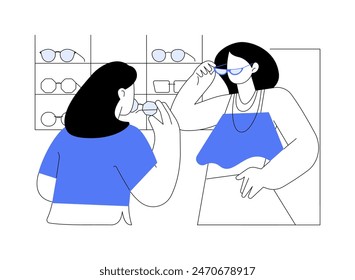 Trendy sunglasses isolated cartoon vector illustrations. Girls choose sunglasses in shopping mall together, leisure time with friends, buying accessories, consumerism movement vector cartoon.