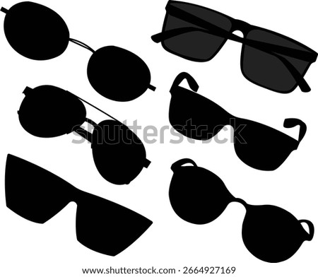 Trendy Sunglasses set with different lens collection vector illustration isolated on background . Fashionable eyeware colection,sunglasses silhouette vector for fashion,design elements,icon.
