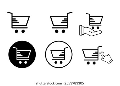 Trendy supermarket cart icons set for lifestyle blogs, Comprehensive supermarket cart icons set for digital marketing strategies, discount, shopping bag, customer, merchandise, essentials, delivery