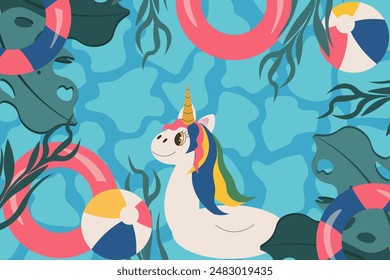 Trendy Surf club sunny day aesthetic. Simple naive style Summer wallpaper. Water surface and rubber ring. Swimming pool party background. Vetor illustration can used web social media design. EPS 10