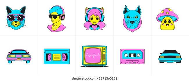 Personajes de dibujos animados surrealistas de moda elementos psicodélicos funky groovy icono conjunto de ilustración vectorial plana. Cómico gato extraño hombre música mujer auriculares perro audio videocassette coche tvset hongo pegatina