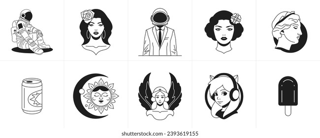 Trendy surreal monochrome line cartoon characters groovy icon set vector illustration. Retro psychedelic stickers astronaut vintage woman sculpture soda can sun angel goddess music ice cream